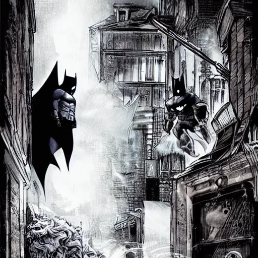 Image similar to the batman appearing out of the shadows in an alley, artwork by jim lee, frightening, fear, scary, intimidating, digital art