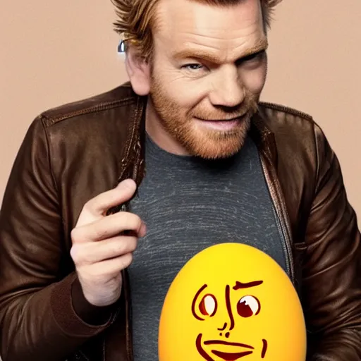 Prompt: a giant egg with the face of ewan mcgregor, food photography, eggs, cracked egg, anthropomorphic, realistic, coherent,