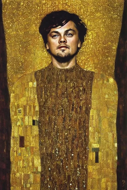 Image similar to ”Leonardo di Caprio as Gatsby”, Gustav Klimt (1901), oil and gold leaf