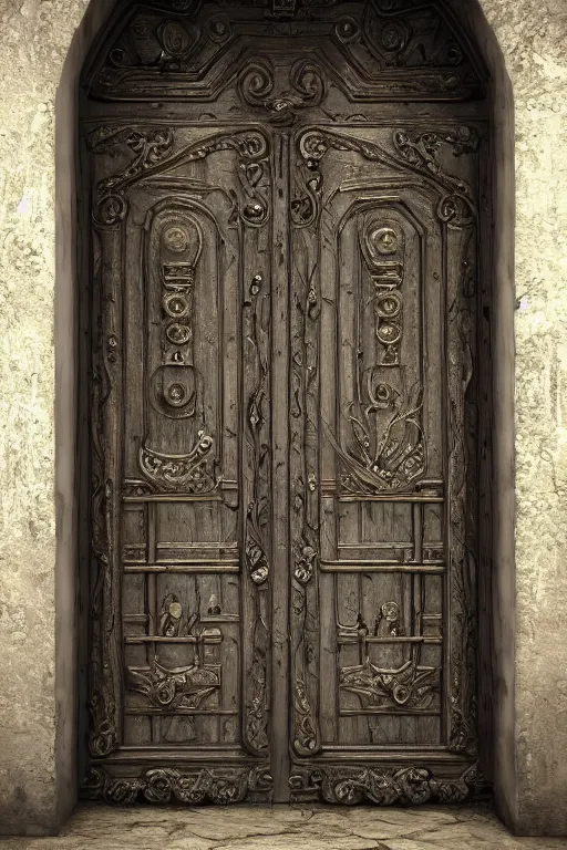 Image similar to a huge old weathered dark wooden door made with shiny metallic rush plant ornaments, reflecion, ornate, fantasy, photorealistic, octane render, high definition, ultra detailed, trandind on artstation, midjourney