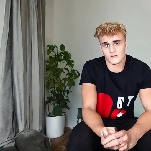 Image similar to jake paul sitting confused and sweating in a small european apartment.