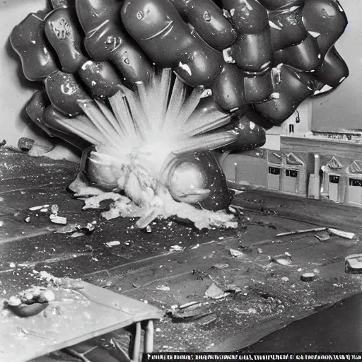 Prompt: giant gummy bear explosion in wisconsin, catastrophe, accident, 1 9 4 7