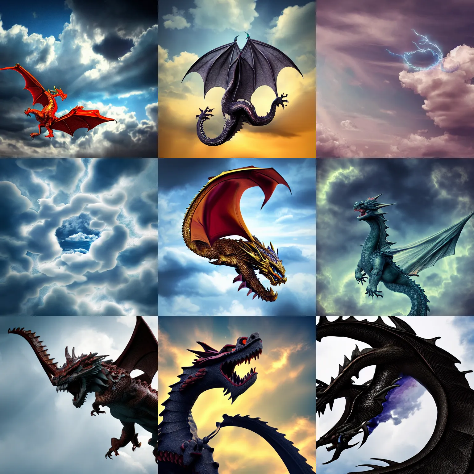 Prompt: dragon, clouds, lens zooming, super resolution, studio lighting, otcean render
