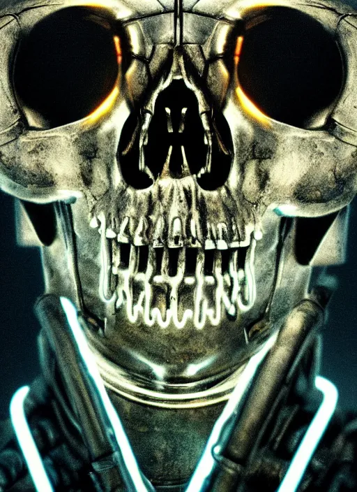 Image similar to 2 8 mm macro photo of metal skull with neon tubes half covered face with cybernetic enhancements as seen from a distance, scifi character portrait by greg rutkowski, canon 5 0 mm, film, photography, esuthio, craig mullins, 1 / 4 headshot, cinematic lighting, dystopian scifi gear, gloomy, profile picture, mechanical, half robot, implants, solarpunk