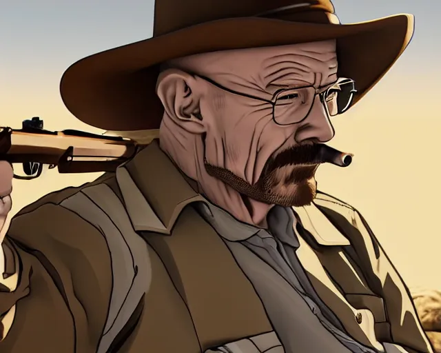 Image similar to walter white in a desert with a gun, anime artstyle, detailed, accurate, 4 k, cinematic, dynamic lighting