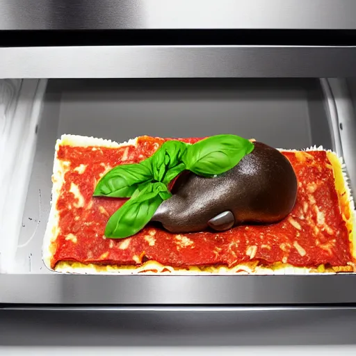 Prompt: platypus wearing a chef hat while putting a lasagna in an oven, with three basil leaves over the lasagna