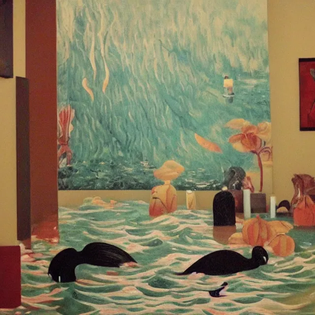 Image similar to tall female emo vegan socialist artist in their flooded apartment, painting of flood waters inside an artist's home, a river flooding indoors, pomegranates, pigs, ikebana, zen, water, octopus, river, rapids, waterfall, black swans, canoe, berries, acrylic on canvas, surrealist, by magritte and monet