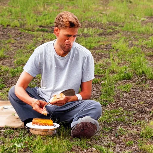 Image similar to a man eating a slice of earth with knife and fork