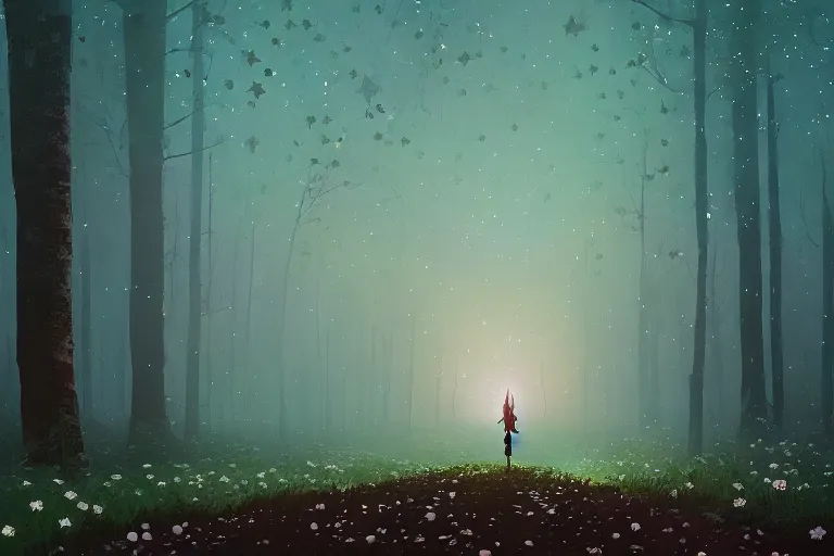 Image similar to giant bunch of daisy flowers head, girl walking in dark forest, surreal photography, dark night, stars, moon light, impressionist painting, clouds, digital painting, artstation, simon stalenhag