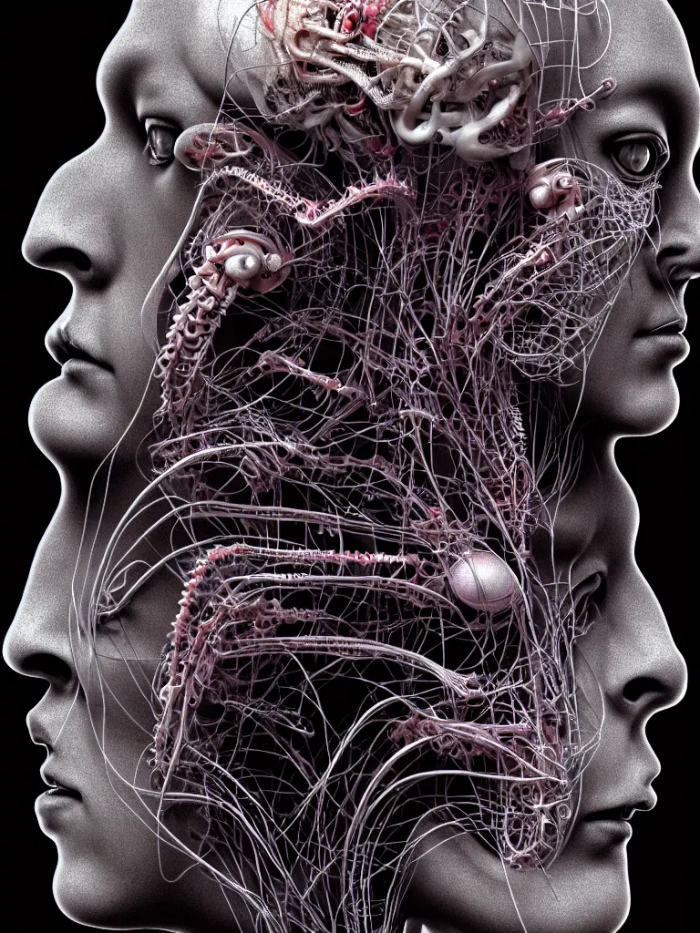 Image similar to portrait of neural nightmares by yoshitaka amano and HR Giger, detailed face face face face, facial structure, hd, 8k, very very very very electronic, biomechanical, biology, bio, neural machine, single subject, terror