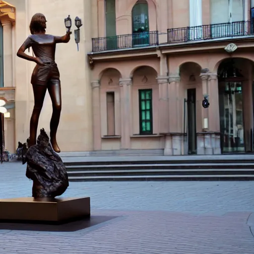 Prompt: a bronze sculpture of taylor swift on a plynth in the middle of the town square