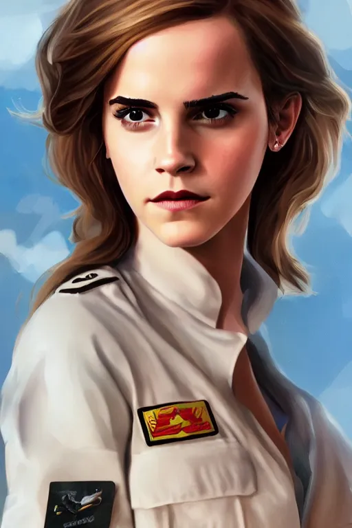 Prompt: a selfie of Emma Watson in the movie: Top Gun: Maverick, fantasy, intricate, young and cute girl, highly detailed, digital painting, artstation, concept art, smooth, sharp focus, illustration