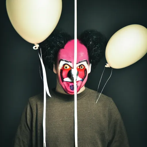 Image similar to a vintage studio portrait of a sad clown with balloons behind him, black background, chiaroscuro lighting, close up portrait, shallow depth of field, 8 0 mm, f 1. 8