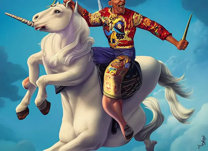 Image similar to obama riding an unicorn, pixar style, by tristan eaton stanley artgerm and tom bagshaw.