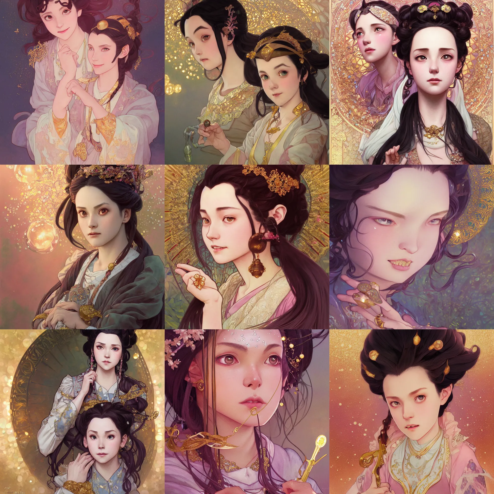 Prompt: kamado nezuko with sparkling eyes, closed up portrait, highly detailed, gold filigree, fantasy, soft cinematic lighting, award, disney concept art, watercolor illustration by mandy jurgens and alphonse mucha and alena aenami, pastel color palette, featured on artstation