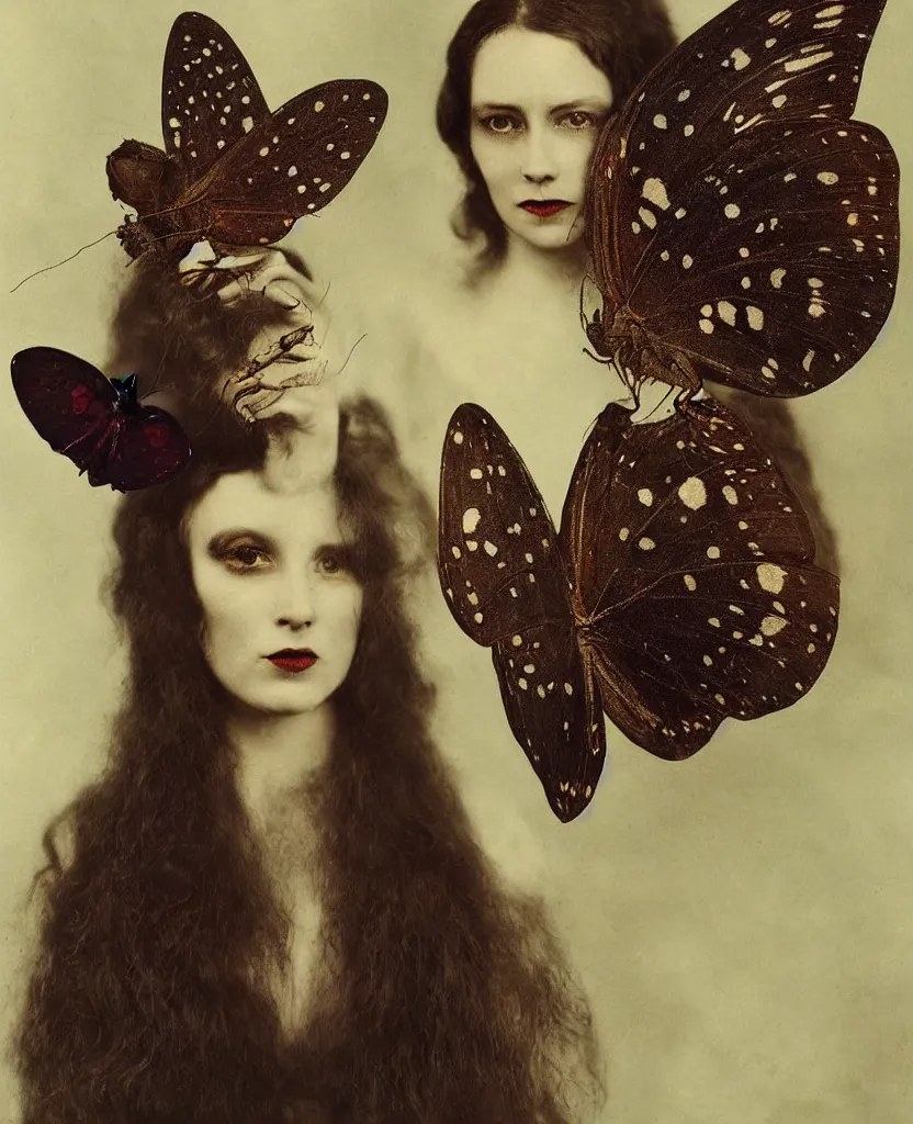 Prompt: autochrome, vintage glass plate photograph, head and shoulders portrait of a beautiful woman with a large moth sitting on her face, large caterpillars and big beetles crawl over her body, long flowing hair, beautifully disturbing, gothic, by Nina Masic by Flora Borsi