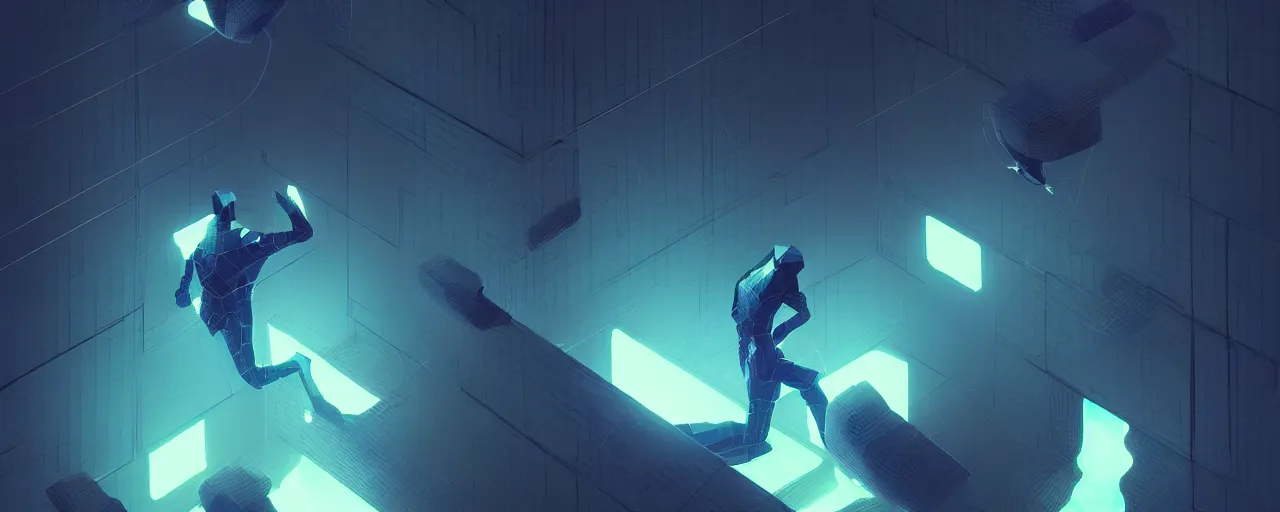 Image similar to duotone noir scifi concept illustration of 3 d mesh of lowpoly inside box floating zero gravity glowing 3 d mesh portals futuristic, glowing eyes, octane render, surreal atmosphere, volumetric lighting. accidental renaissance. by sachin teng and sergey kolesov and ruan jia and heng z. graffiti art, scifi, fantasy, hyper detailed. trending on artstation