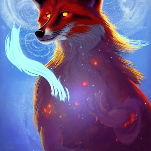 Prompt: a stylized realistic painting of an avatar of an awesome cosmic powerful luxurious foxfolk mage themed around death and the cosmos, in the style of dnd beyond avatar portraits, beautiful, artistic, elegant, lens flare, magical, lens flare, nature, realism, stylized, art by jeff easley and genndy tartakovsky and hayao miyazaki