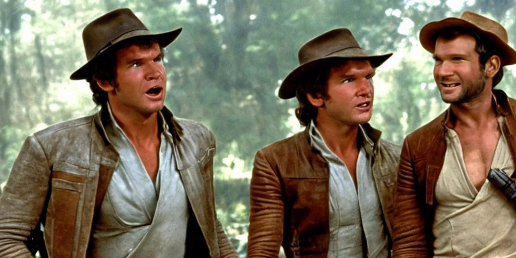 Image similar to han solo and indiana jones meeting for the first time