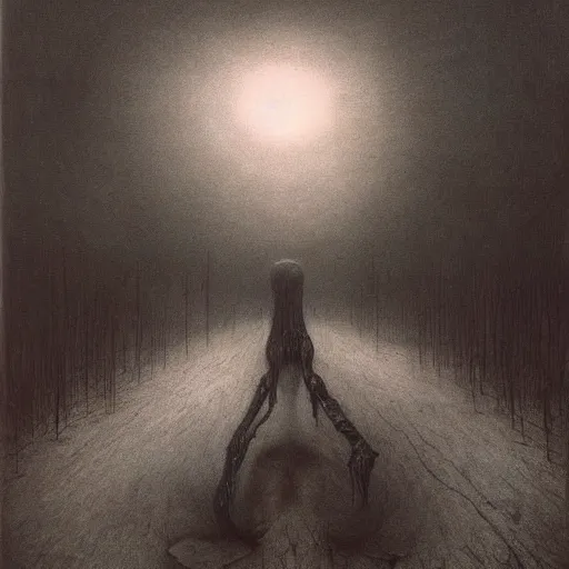 Image similar to ' the long road'beksinski, eldritch, apocalypse, creepy creature, horror spooky