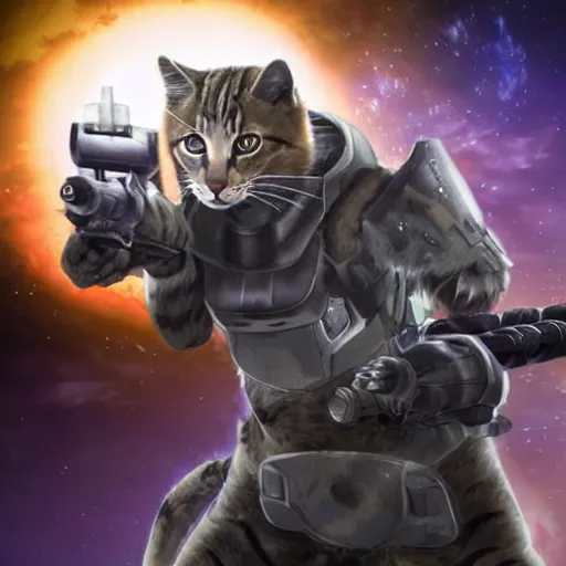 Prompt: a feline space warrior in combat armor fighting with an energy rifle,