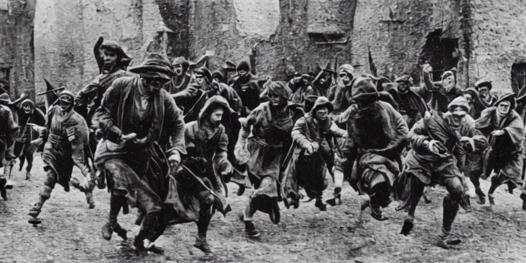 Image similar to villagers running from huge medieval fantasy town, 1 9 1 0 s film scene