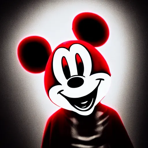 Image similar to A demon that looks like Mickey Mouse, photorealistic, film still, desolate, terrifying, weird, strange, odd, uncanny, horrifying, horrific, spine-chilling, sinister, menacing, ominous, threatening