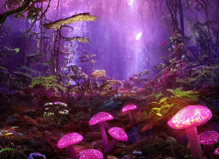 Image similar to glowing delicate flower and mushrooms that grow in a dark fatansy forest on the planet Pandora,