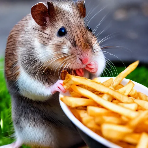 Prompt: detailed photo of a hamster eating fries, outdoors, various poses, full body, unedited, daylight, dof 8 k