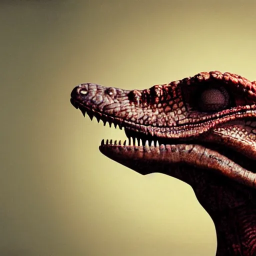 Image similar to velociraptor dinosaur photographed by Annie Leibovitz