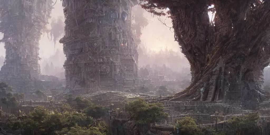 Image similar to a vast city built in an ancient tree, greg rutkowski, 8 k, shallow depth of field, intricate detail, concept art,