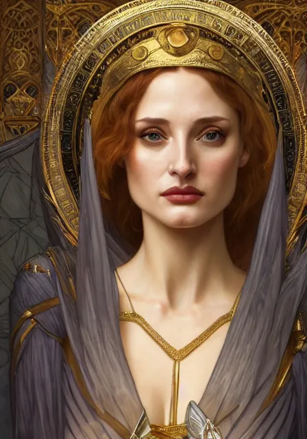 Image similar to sansa angeline jolie gessica chastain mummy cleopatra gold, intricate, elegant, highly detailed, digital painting, artstation, concept art, smooth, sharp focus, illustration, art by artgerm and greg rutkowski and alphonse mucha and william - adolphe bouguereau