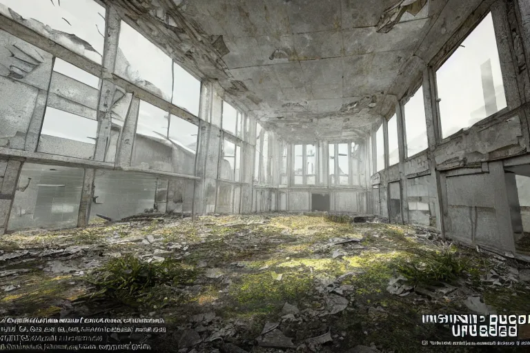 Image similar to ruined, abandoned russian research facility, seen from inside. Diffused light falls through the broken windows. Dirt, leaves on ground. Unreal Engine. Substance painter. Zbrush. Trending on artstation. 8K. Highly detailed.