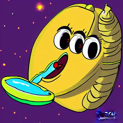 Prompt: Cartoon art of a hungry banana eating a pickle on Saturn, digital art, detailed,