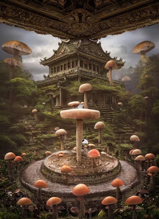 Image similar to wide - angle shot of mushroom temple, depth of field, zeiss lens, detailed, symmetrical, centered, fashion photoshoot, by nicoletta ceccoli, mark ryden, lostfish, earl nore, hyung tae, frank frazetta, breathtaking, 8 k resolution, extremely detailed, beautiful, establishing shot, artistic, hyperrealistic, octane render