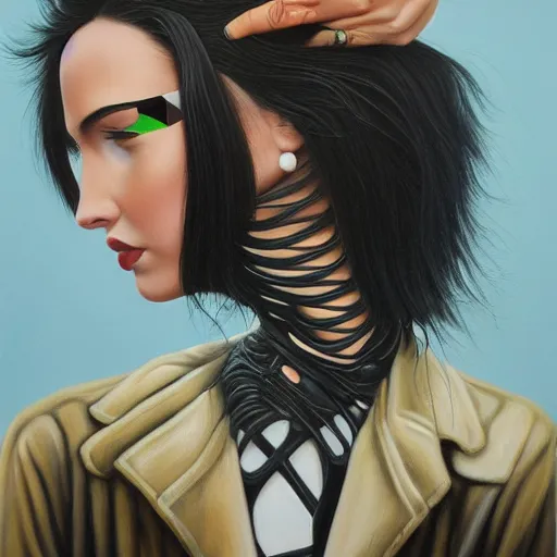 Prompt: a painting of a black haired woman in a leather jacket, an ultrafine detailed painting by rafal olbinski, behance contest winner, pop surrealism, detailed painting, very detailed, minimalist, skeuomorphic, airbrush art