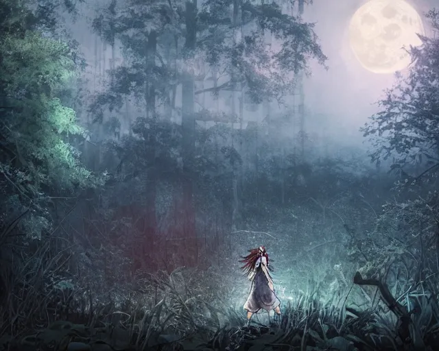 Image similar to goth woman in a moonlight view, in a forest, a river, tankoban, 4 k, tone mapping, akihiko yoshida, james jean andrei riabovitchev marc simonetti, yoshitaka amano, long hair, curly, h. hydrochaeri