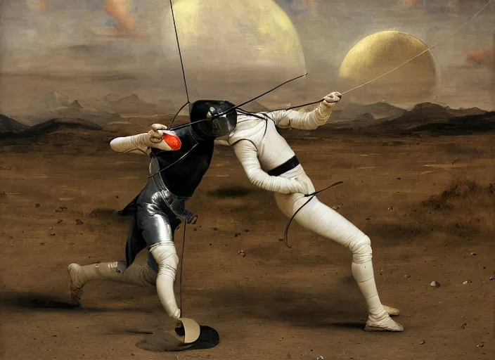 Prompt: a fencing match on the moon by edgar maxence and caravaggio and michael whelan and delacroix style, artistic, intricate painting, cinematic lighting, hyper realistic, extremely detailed, establishing shot, 8 k resolution, dramatic lighting