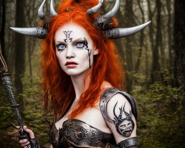 Prompt: 5 5 mm portrait photo of an armored gorgeous anesthetic redhead woman warrior with a face tattoo and horns growing from her head, in a magical forest in the style of stefan kostic, art by luis royo. highly detailed 8 k. intricate. lifelike. soft light. nikon d 8 5 0. cinematic post - processing