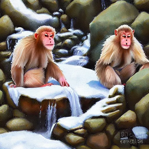 Prompt: snow monkeys at the mountain spa, digital art by Steve Henderson