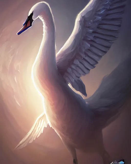 Image similar to Swan, Anthropomorphized, Angelic, Magical, Priest, D&D, artstation, fantasy, magic the gathering artwork, cinematic lighting, centered, symmetrical, highly detailed, digital painting, , concept art, smooth, sharp focus, illustration, volumetric lighting, epic Composition, 8k, art by Akihiko Yoshida and Greg Rutkowski and Craig Mullins, oil painting, cgsociety