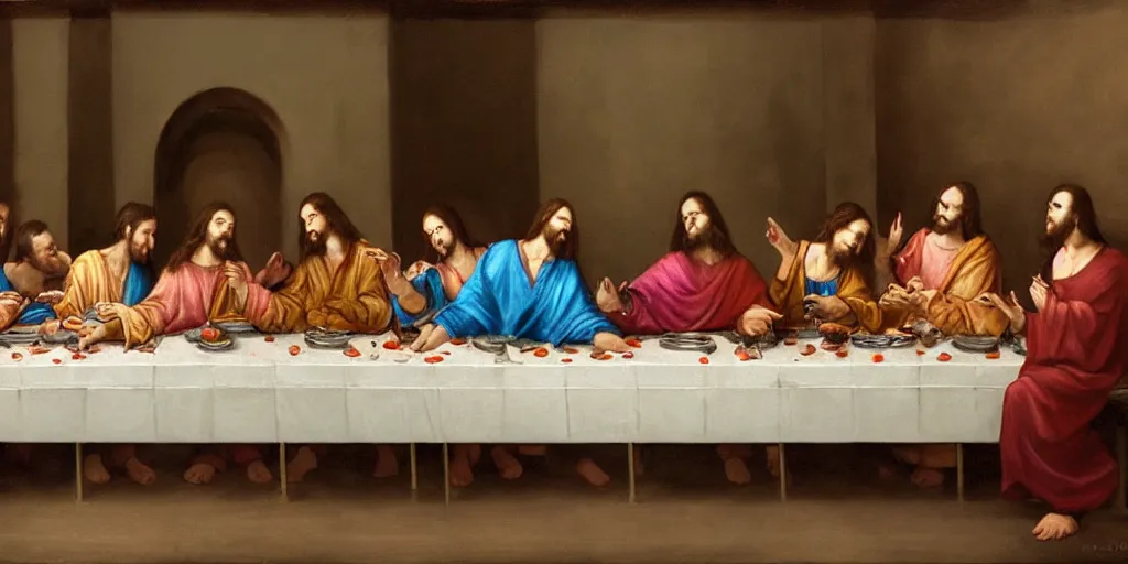 Image similar to the last supper by wlop, only women sitting by the table