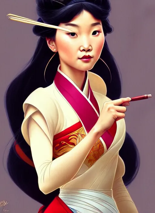 Image similar to portrait of disney mulan, intricate, elegant, highly detailed, my rendition, digital painting, artstation, concept art, smooth, sharp focus, illustration, art by artgerm and greg rutkowski and alphonse mucha and uang guangjian and gil elvgren and sachin teng, symmetry!!