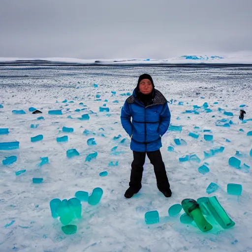 Image similar to portrait of an indigenous inuit standing on ice in the arctic tundra littered with plastic bottles