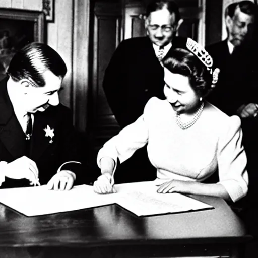 Prompt: 3 5 mm 1 9 4 6 historical photo, of a single general and a young queen elizabeth signing a peace treaty, french village interior, an!!!! adorable corgi!!!! watches from below, highly detailed, sharp focus, symmetrical face, corgi, corgi, corgi, corgi, corgi, corgi, corgi