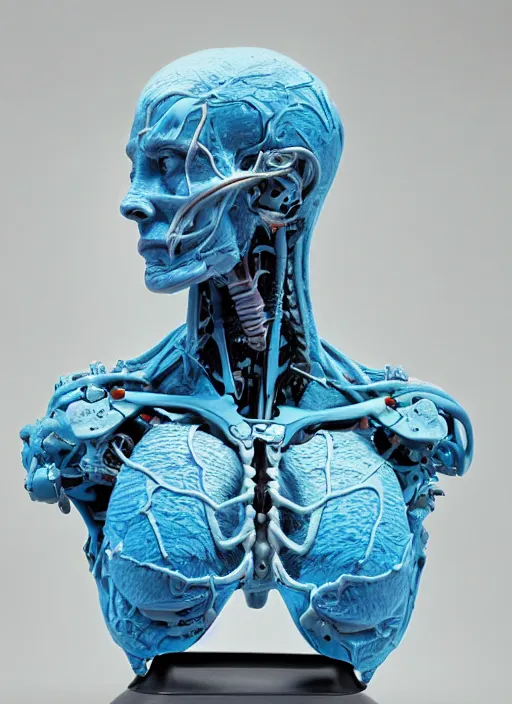 Image similar to a bust sculpture of anatomical detailed cyborg, blue blood ceramic base, orthographic, studio lighting