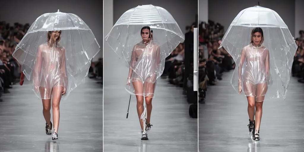 Image similar to catwalk fashion in transparent raincoats holding transparent umbrellas