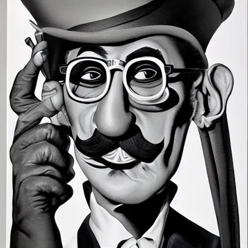 Image similar to beautiful lifelike painting of grace jones disguised as groucho marx, hyperreal detailed facial features and uv lighting, art by ed roth and basil wolverton