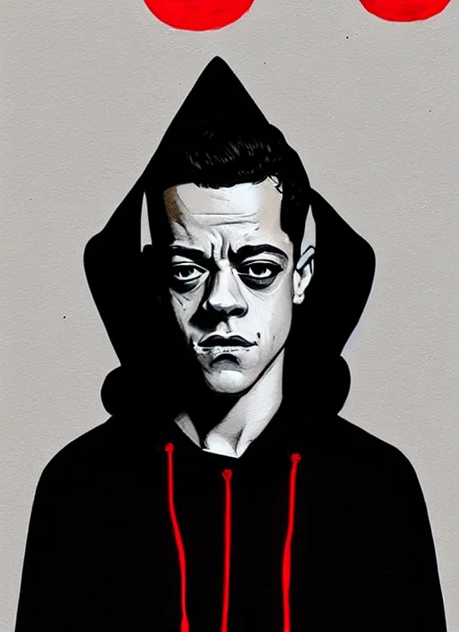 Image similar to highly detailed moody portrait of rami malek, elliot anderson, black hoody by atey ghailan, by greg rutkowski, by greg tocchini, by james gilleard, by joe fenton, by kaethe butcher, gradient red, black and white color scheme, grunge aesthetic!!! ( ( graffiti tag wall background ) )