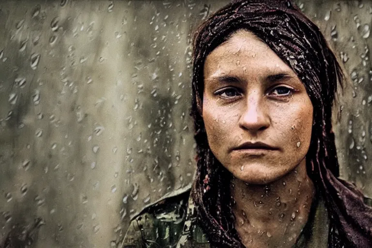 Image similar to a closeup cinematic!! headshot photograph!! of a beautiful female homeless war veteran, stood in a tunnel, rain, dirt, film still, cinematic lighting, by bill henson